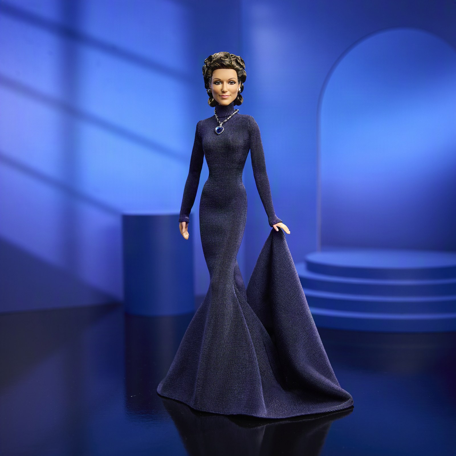 The Barbie Signature Celine Dion doll in a navy ribbed gown