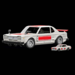 The Mattel Brick Shop 1971 Nissan Skyline 2000GT-R build next to its matching Hot Wheels die-cast