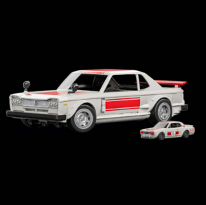 The Mattel Brick Shop 1971 Nissan Skyline 2000GT-R build next to its matching Hot Wheels die-cast