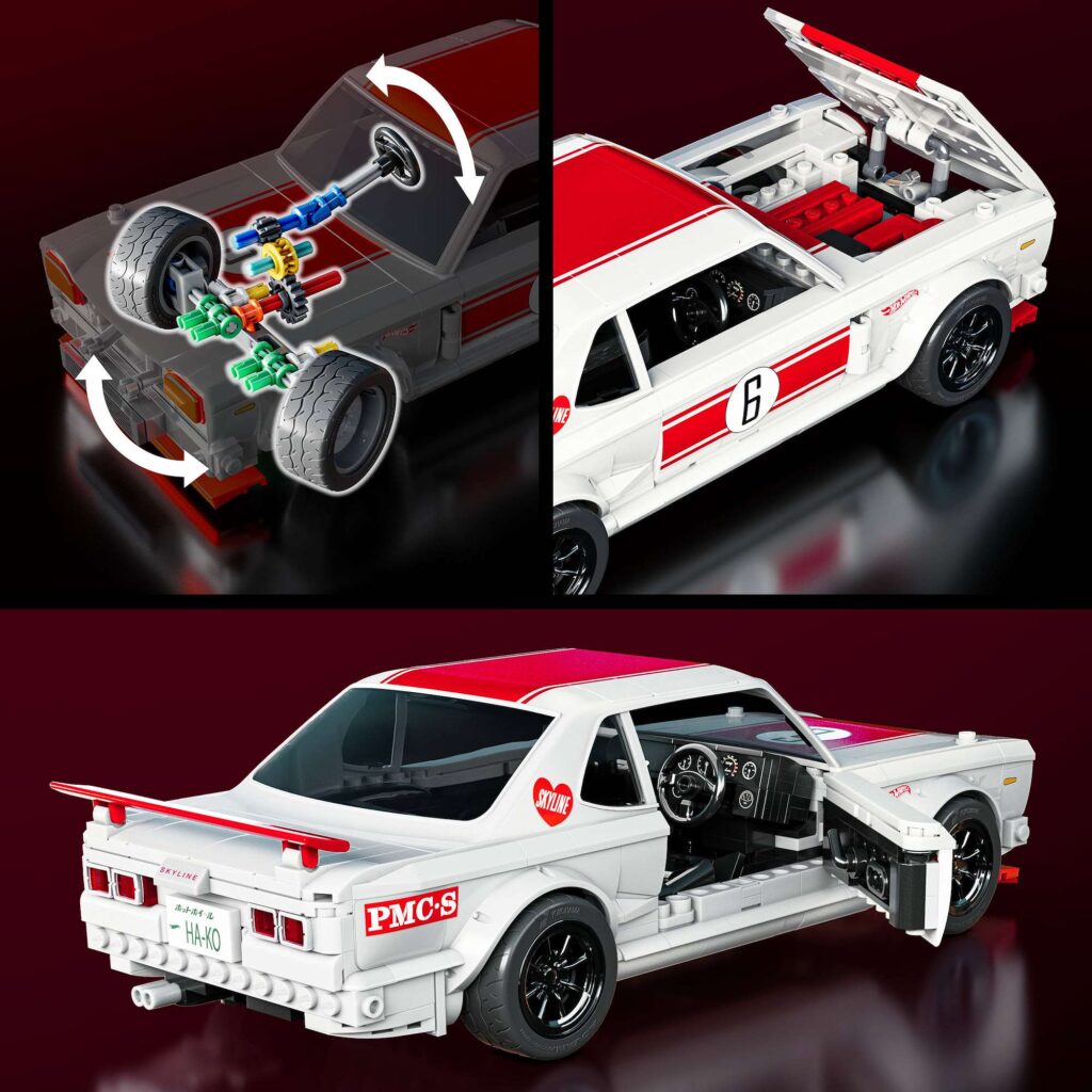 Detail shots of the Mattel Brick Shop Skyline showing the functional steering, opening hood and engine