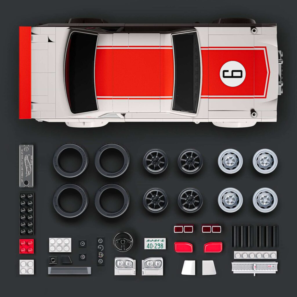 The parts, wheel covers and customisation pieces included in the Mattel Brick Shop Skyline set
